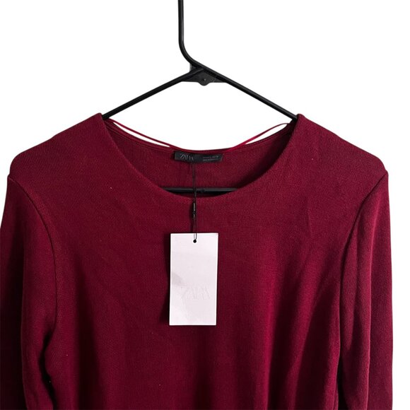 Zara Burgundy Belted Long Sleeve Mini Dress Chic Minimalist Size Large NWT - Picture 3 of 9